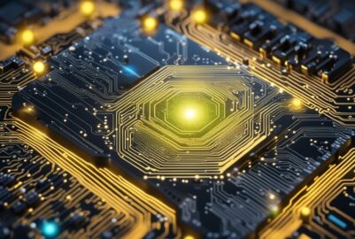 A glowing circuit board surrounded by data streams and binary code, symbolizing the concept of Artificial Intelligence.