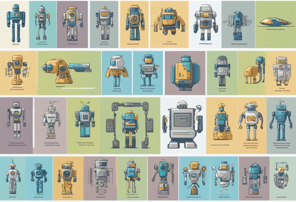 Various AI types are depicted, from basic bots to advanced self-learning systems, showcasing their evolution and capabilities