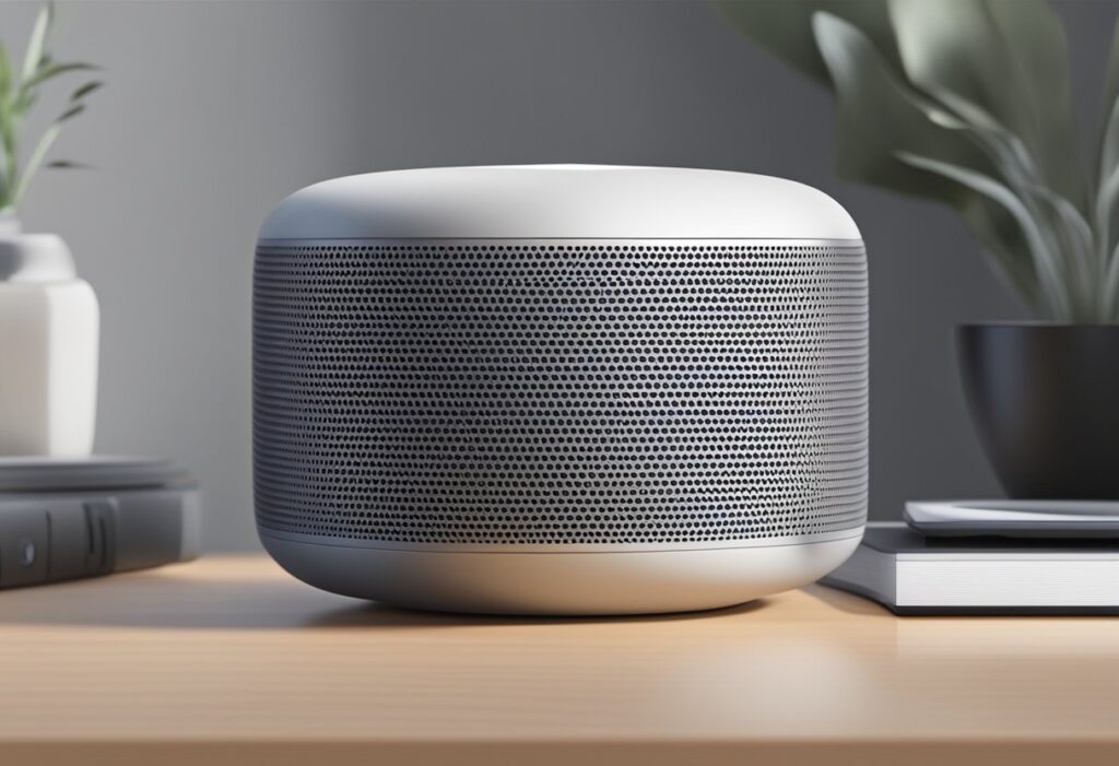 A smart speaker responds to a voice command, controlling home devices and providing information