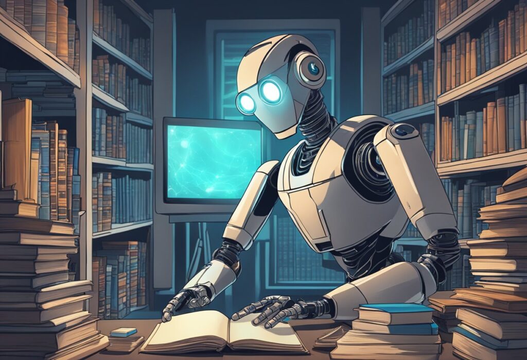 A robot with glowing eyes stands in front of a pile of science fiction books, while a computer screen displays complex algorithms and data analysis