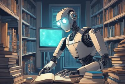 A robot with glowing eyes stands in front of a pile of science fiction books, while a computer screen displays complex algorithms and data analysis