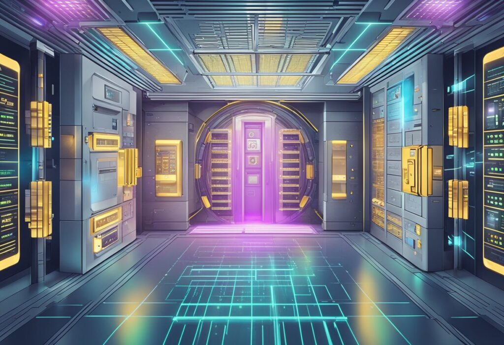 A futuristic bank vault with AI-powered security measures and privacy protocols in place. Advanced technology monitors and safeguards personal finance data