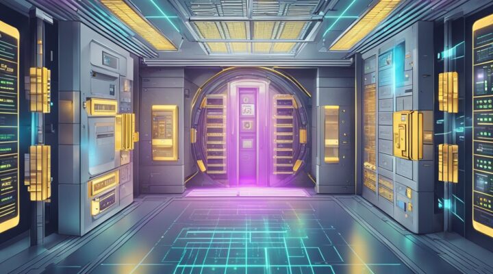 A futuristic bank vault with AI-powered security measures and privacy protocols in place. Advanced technology monitors and safeguards personal finance data