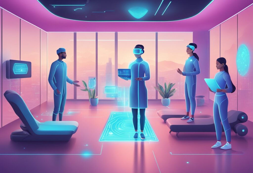 A futuristic, AI-driven health and wellness scene with virtual health assistants and advanced technology