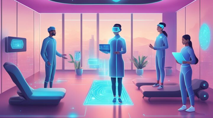 A futuristic, AI-driven health and wellness scene with virtual health assistants and advanced technology