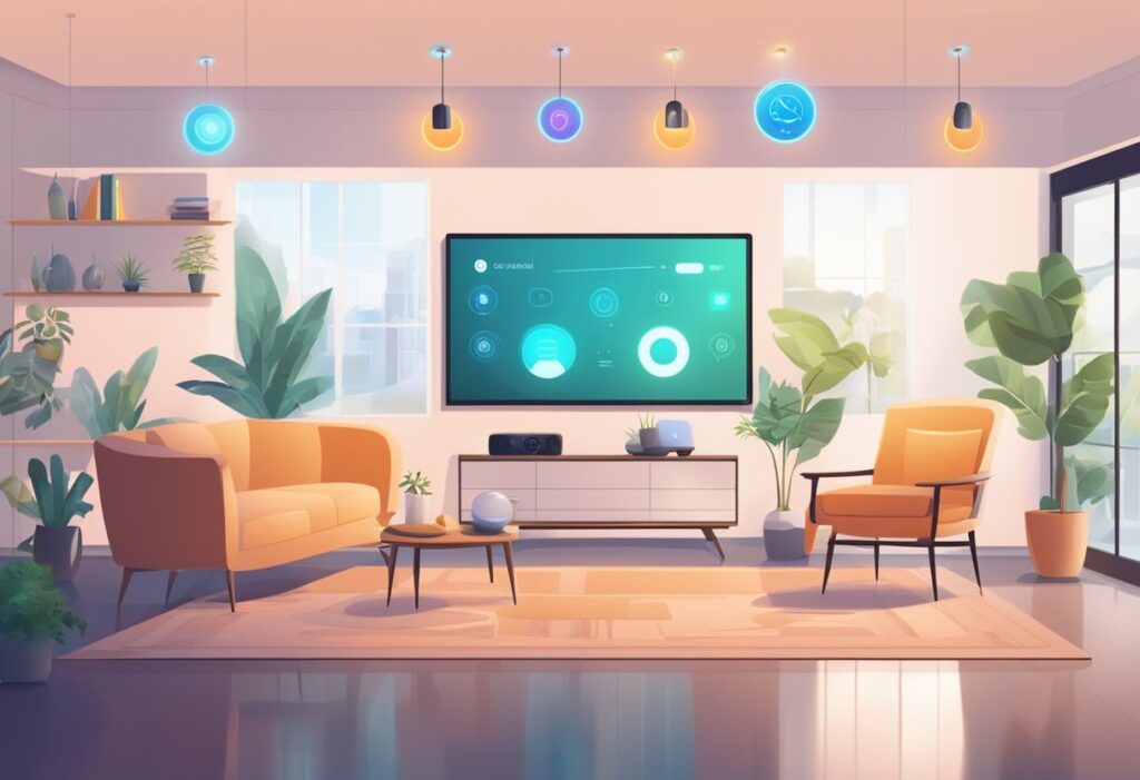 A modern living room with voice-activated lights, smart thermostat, and security cameras. A virtual assistant controls devices, while a smart TV streams content