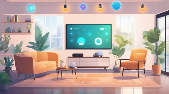 A modern living room with voice-activated lights, smart thermostat, and security cameras. A virtual assistant controls devices, while a smart TV streams content