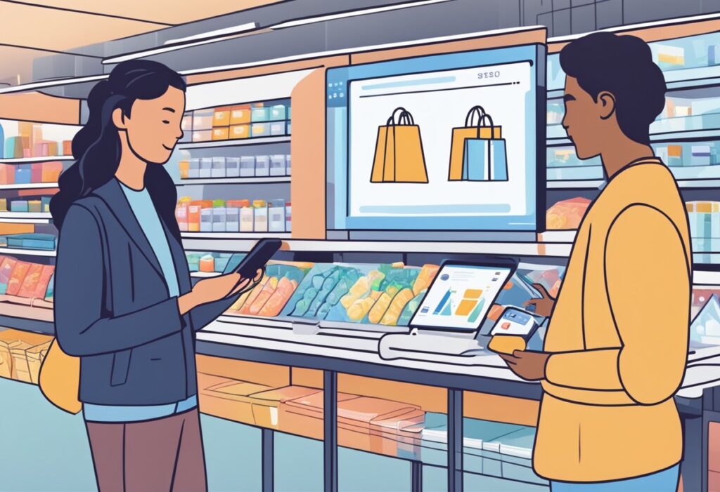 An AI assistant scans products on a digital screen while a shopper looks on, considering its recommendations. The assistant's interface displays various options for the shopper to choose from